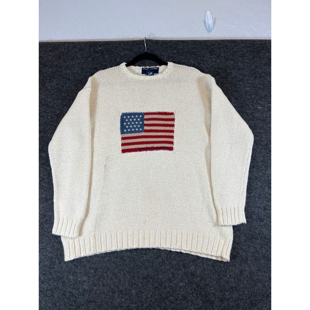 VTG 90s Polo Sport Ralph Lauren Sweater Medium American Flag Crochetted Knit USA